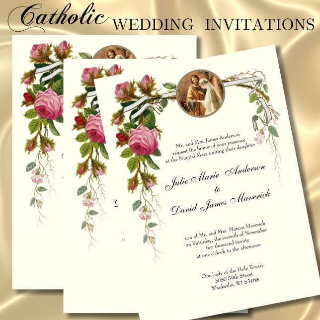 Catholic Classic Elegant Ivory Roses Wedding Invitation (Creator Uploaded)
