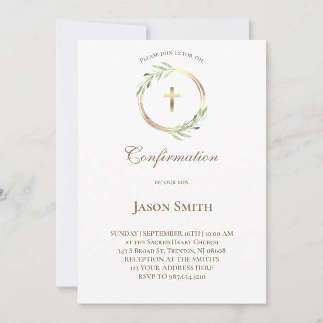 catholic Confirmation gold circle green leaves Invitation (Front)