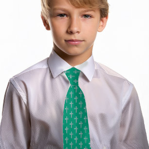 Catholic Cross Emerald Green Faux Silver Communion Tie