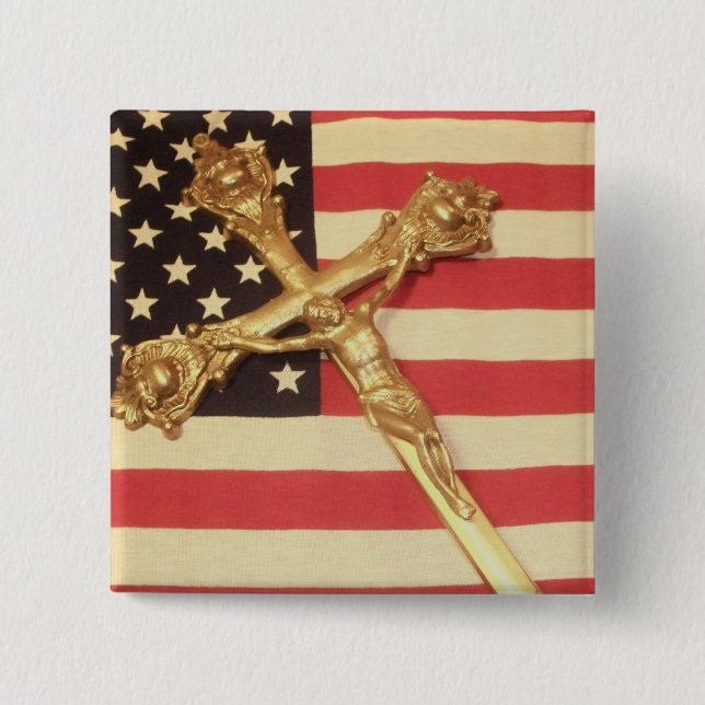 Catholic Crucifix over USA Flag Square Button (Front)