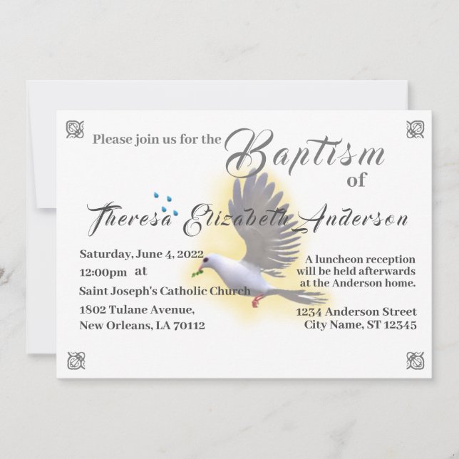 Catholic Dove and Water Baptism  Invitation (Front)