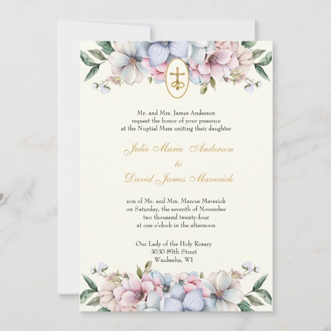 Catholic  Elegant Floral Religious Wedding  Invitation (Front)