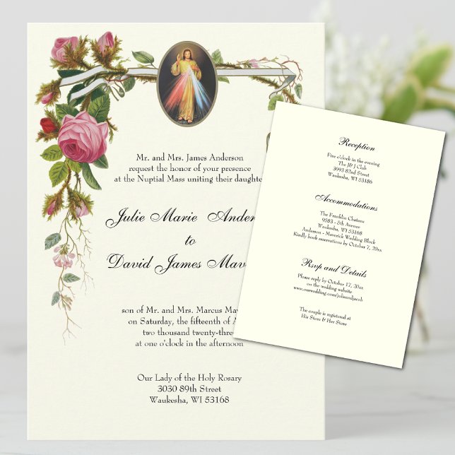 Catholic Elegant Ivory Wedding Divine Mercy COMBO  Invitation (Divine Mercy Traditional Catholic Wedding Invitations)