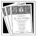 Catholic Elegant Priest Ordination Anniversary Invitation<br><div class="desc">This is a beautiful traditional Catholic Priest Ordination and/or Anniversary Celebration invitation with a black and white line art image of the chalice and host with the Latin words said at the foot of the altar. All text and fonts can be modified.</div>