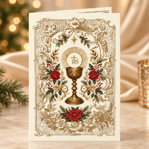 Catholic Eucharist Christmas Gold Chalice Floral Holiday Card