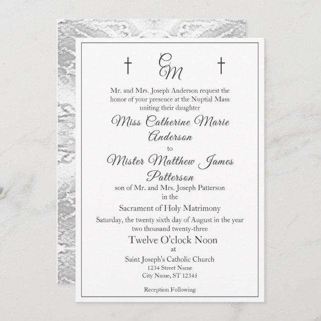 Catholic Faux-Satin Monogrammed Wedding Invitation (Front/Back)