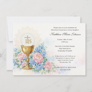 Catholic First Communion Chalice Host Floral Invitation