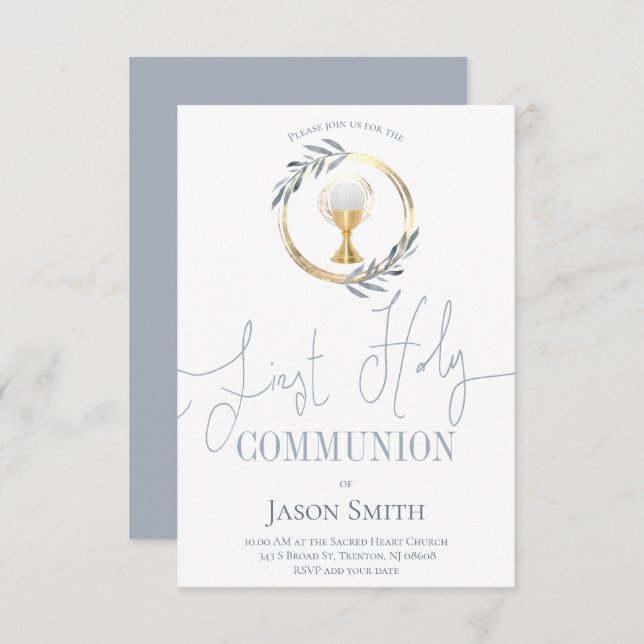 catholic first communion dusty blue and faux gold invitation (Front/Back)