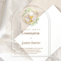 catholic first communion gold circle green leaves