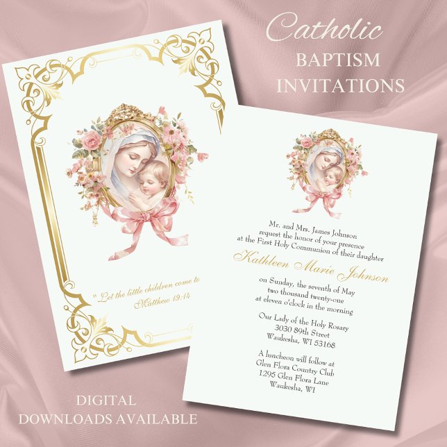 Catholic First Communion Mary Jesus Pink Invitation (Creator Uploaded)