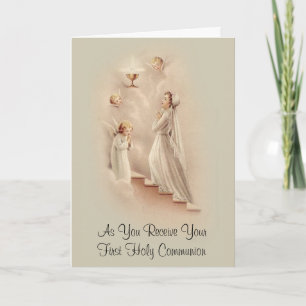 Catholic First Holy Communion for Girl with Angels Holiday Card