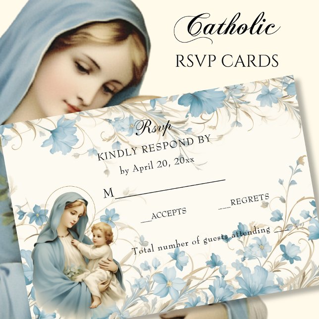 Catholic Floral Blessed Mary Blue Floral  RSVP Card (Creator Uploaded)