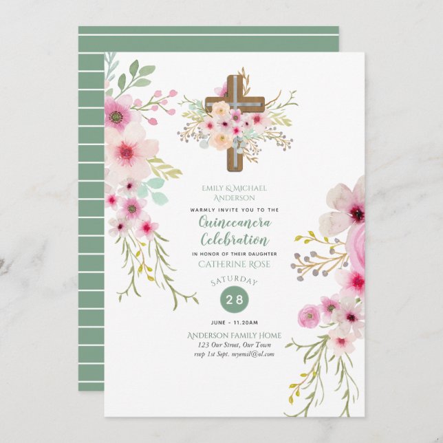 Catholic Floral Cross Quinceanera Invite Sage Pink (Front/Back)