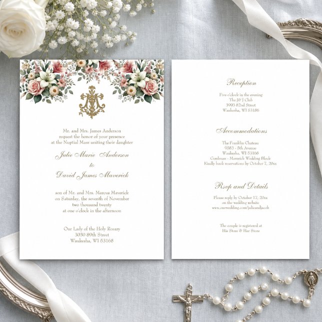 Catholic Floral  Gold Mary Wedding Invitation (Creator Uploaded)