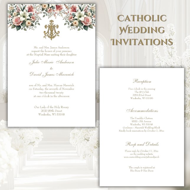 Catholic Floral  Gold Mary Wedding Invitation (Creator Uploaded)