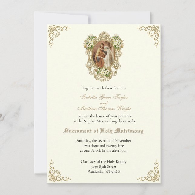 CATHOLIC FLORAL GOLD  WEDDING INVITATIONS (Front)