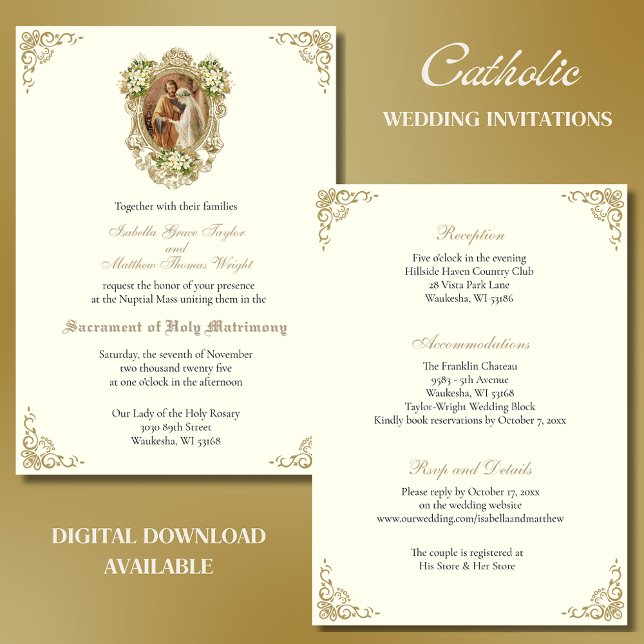 CATHOLIC FLORAL GOLD  WEDDING INVITATIONS (Creator Uploaded)