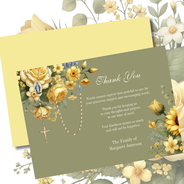 Catholic Floral Rosary Funeral Condolence Sympathy Thank You Card (Creator Uploaded)