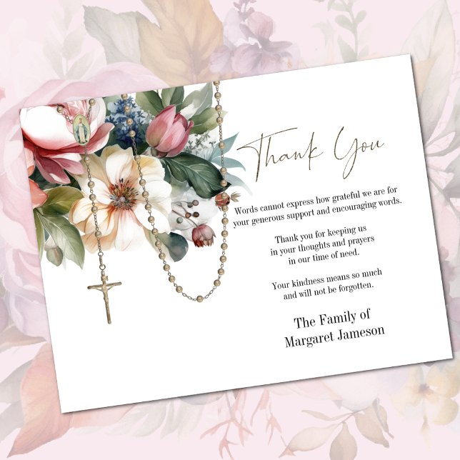 Catholic Floral Rosary Funeral Condolence Sympathy Thank You Card (Traditional Catholic Funeral Memorial Thank You Card)