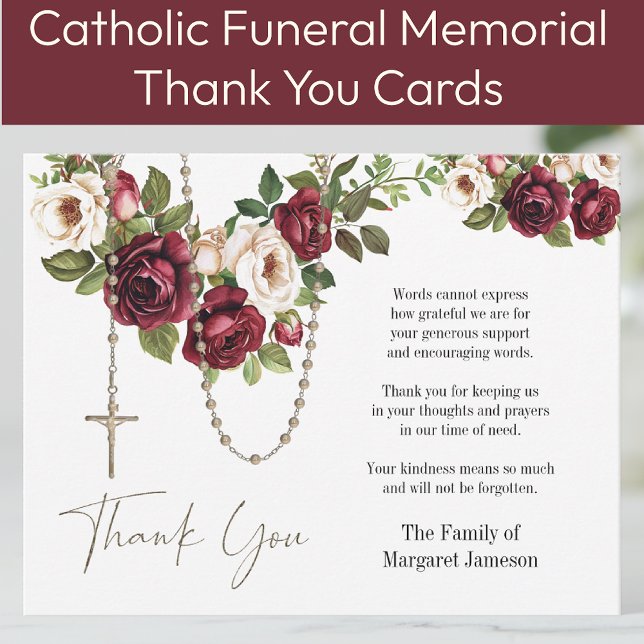 Catholic Floral Rosary Funeral Condolence Sympathy Thank You Card (Creator Uploaded)
