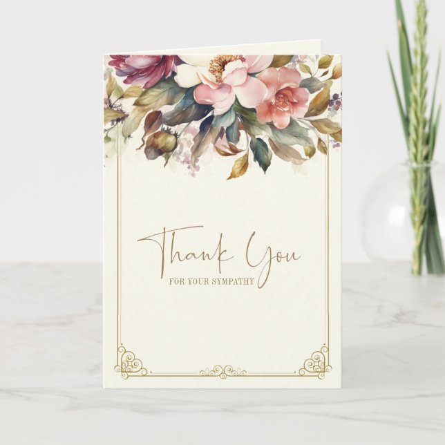 Catholic Floral Rosary Funeral Condolence Thank You Card (Front)