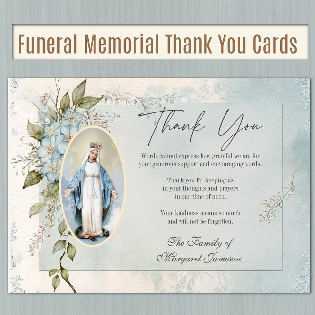 Catholic Funeral Memorial Blessed Virgin Mary  Thank You Card (Traditional Catholic Blessed Virgin Mary Floral Funeral Thank you Cards)