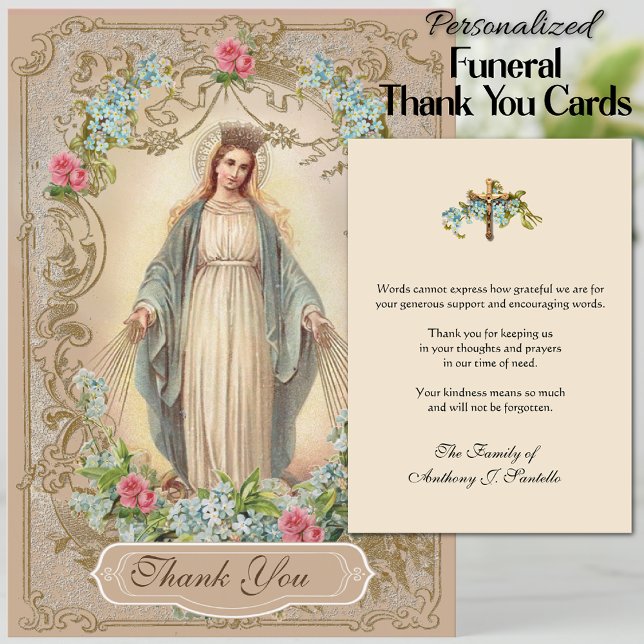 Catholic  Funeral Sympathy Holy Card Thank You (Personalized Traditional Catholic Virgin Mary Funeral Thank You Cards)