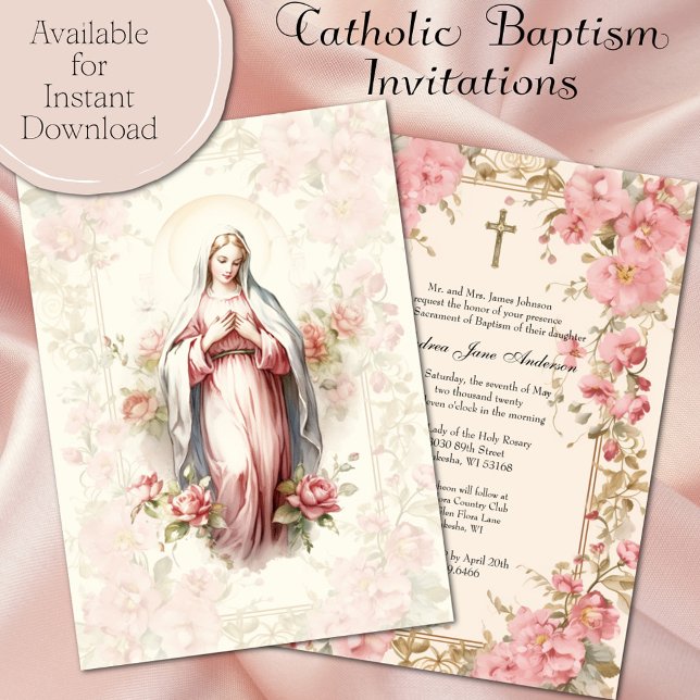 Catholic Girl Baptism Christening Blessed Mother Invitation (Easy to personalize and lovely to share with family and friends!)