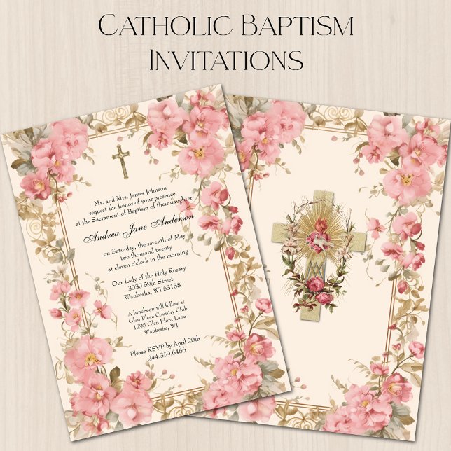 Catholic Girl Baptism Christening Pink Floral Invitation (Creator Uploaded)