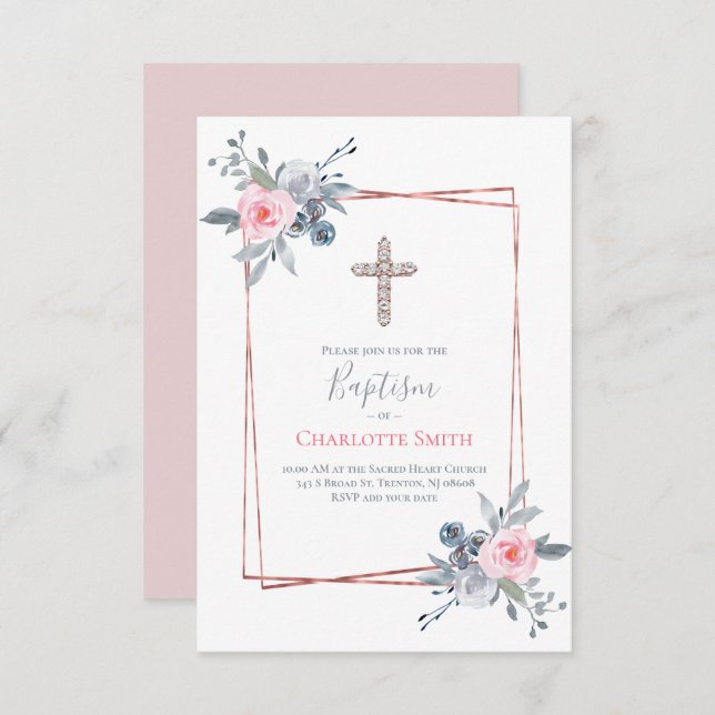 Catholic girl Baptism floral frame design Invitation (Front/Back)