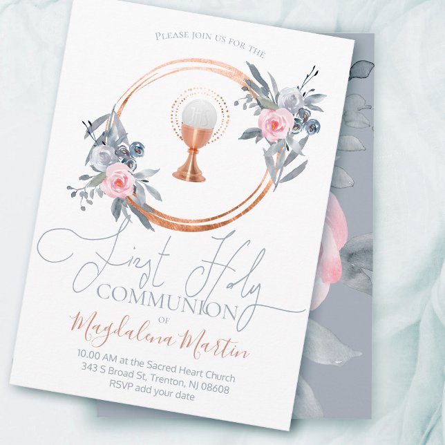 catholic girl first communion floral decor invitation (Creator Uploaded)