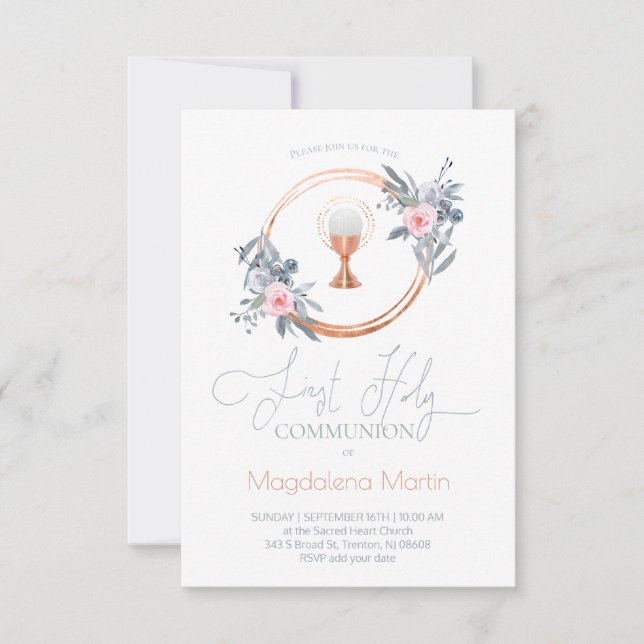 catholic girl first communion floral invitation (Front)