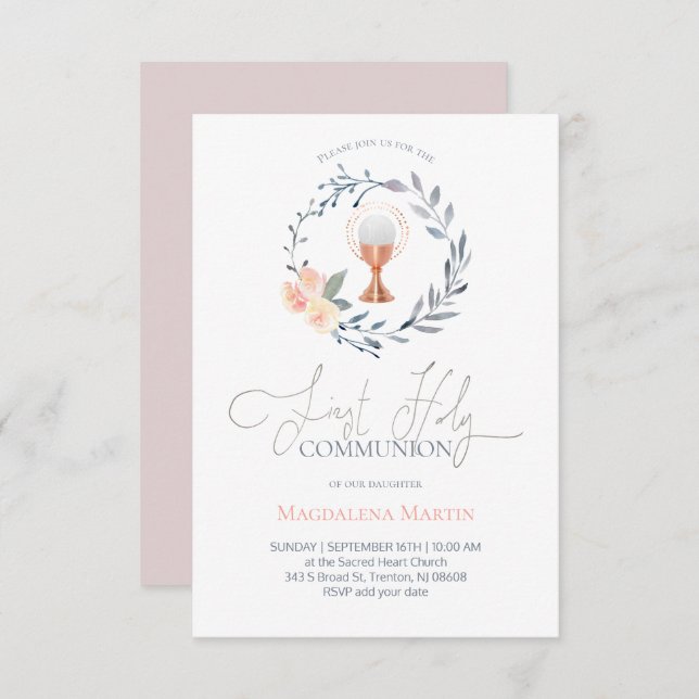 catholic girl first communion floral wreath invita invitation (Front/Back)