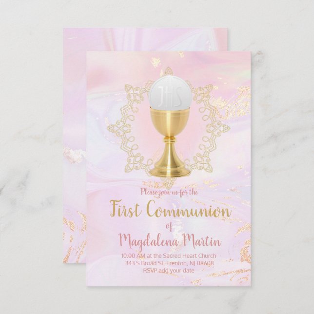 catholic girl first communion pink marble invitation (Front/Back)