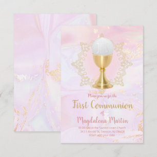 catholic girl first communion pink marble invitation
