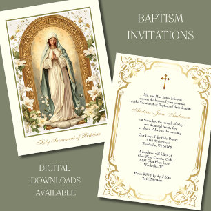 Catholic Gold Baptism Christening Lilies Invitation