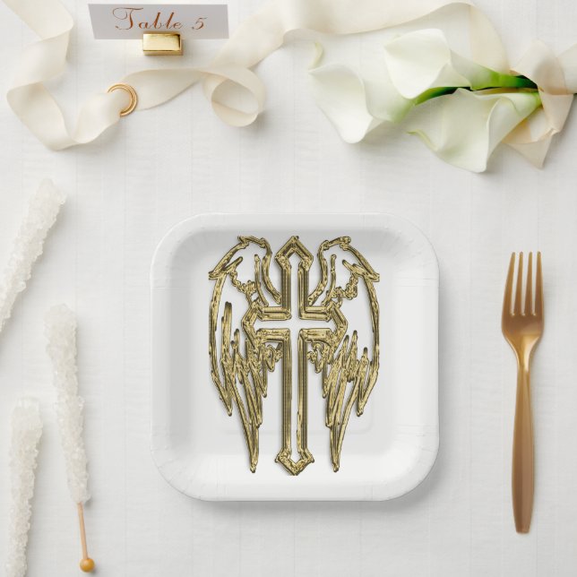 catholic-gold cross white paper plate (Wedding)