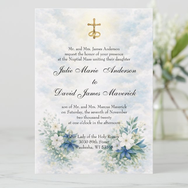 Catholic Gold Crucifix Blue and White Floral  Invitation (Creator Uploaded)