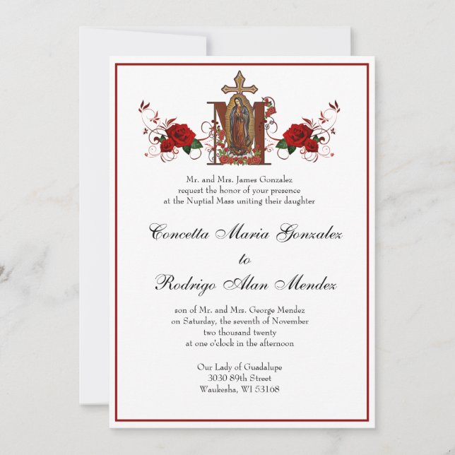 Catholic Guadalupe  Religious Red Roses Wedding Invitation (Front)