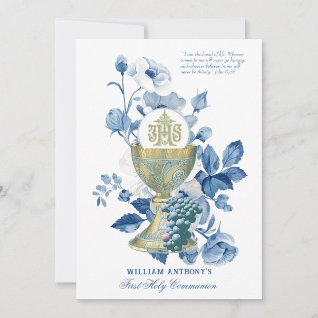 Catholic Holy Communion Blue Floral Invitation (Front)