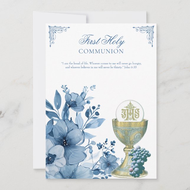 Catholic Holy Communion Dusty Blue Floral Invitation (Front)