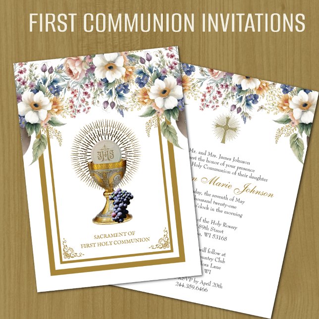 Catholic Holy Communion Floral Eucharist Invitation (Easy to personalize First Holy Communion Invitations)