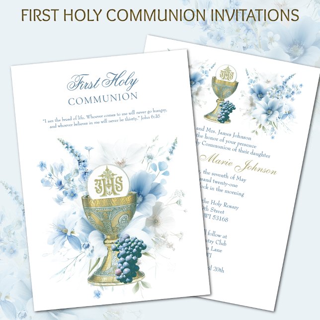 Catholic Holy Communion Light Blue Floral Invitation (Creator Uploaded)