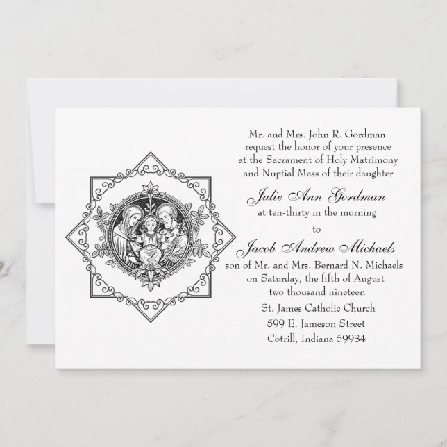 Catholic Holy Family Black and White Wedding Invitation (Front)