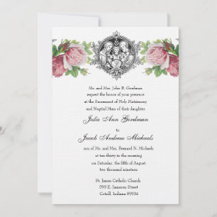 Catholic Holy Family Pink Roses Floral  Wedding Invitation