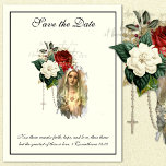 Catholic Ivory Elegant Virgin Mary  SAVE THE DATE  Announcement Postcard<br><div class="desc">Featuring a beautiful classic ivory  "Save the Date" Postcard with a traditional Catholic image the Blessed Virgin Mary,  the Immaculate Heart with flowers,  holy rosary,  and background text of Hail Mary prayer in Latin.</div>