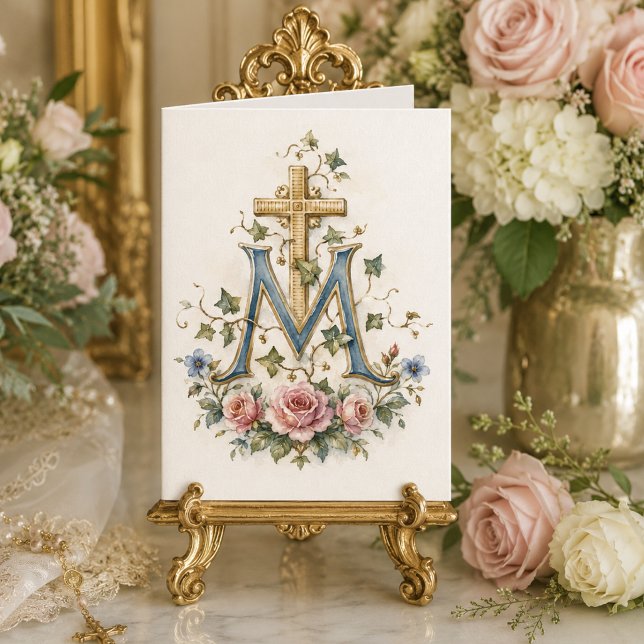 Catholic Marian Cross Floral Scripture Monogram Thank You Card (Creator Uploaded)