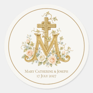 Catholic Marian Cross Monogram with roses Classic Round Sticker