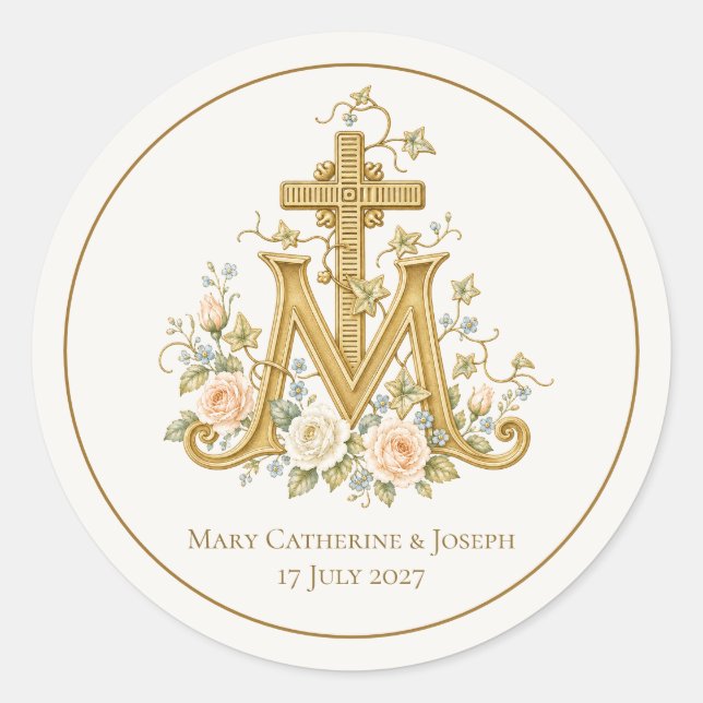 Catholic Marian Cross Monogram with roses Classic Round Sticker (Front)