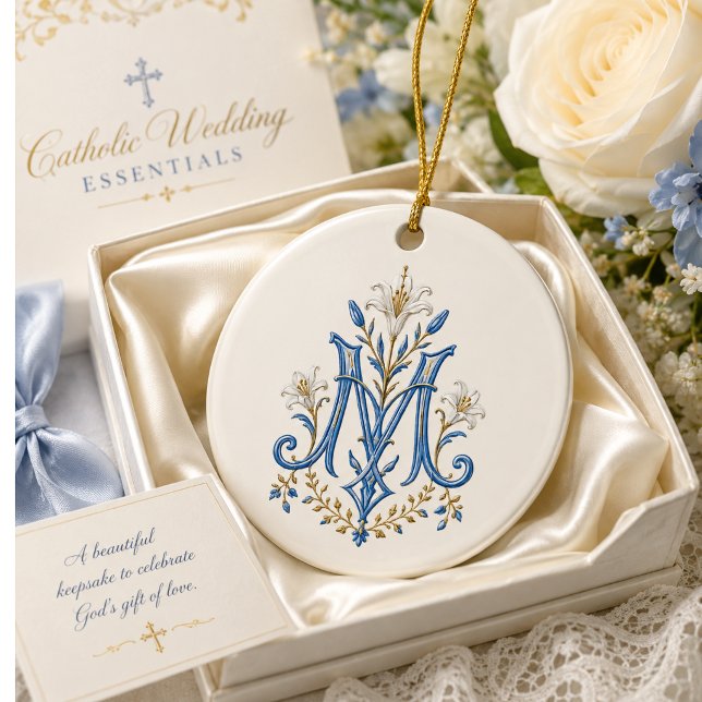 Catholic Marian Monogram Blue Floral  Ceramic Tree Decoration (Creator Uploaded)